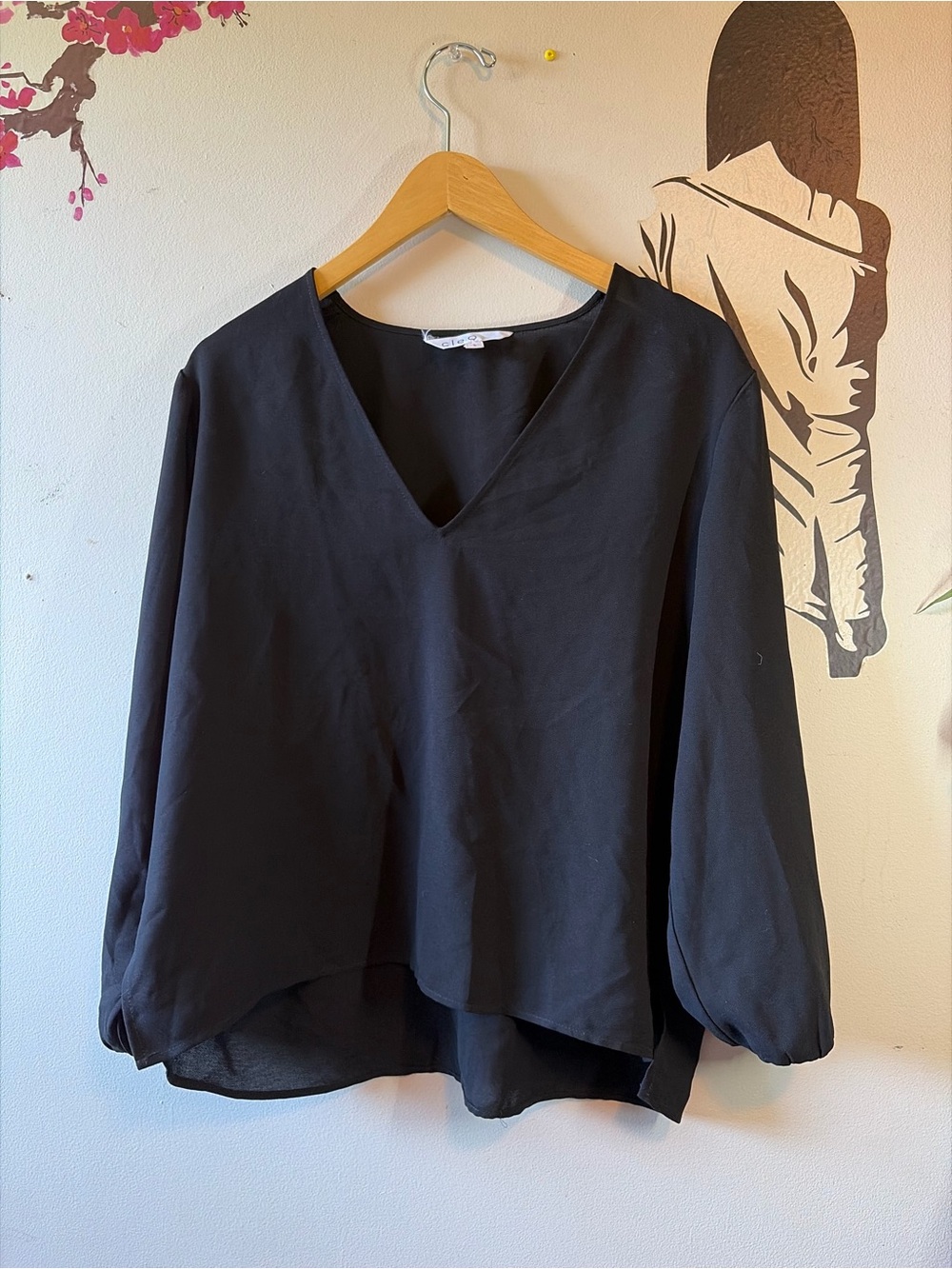 Black V-Neck Long Sleeve Blouse